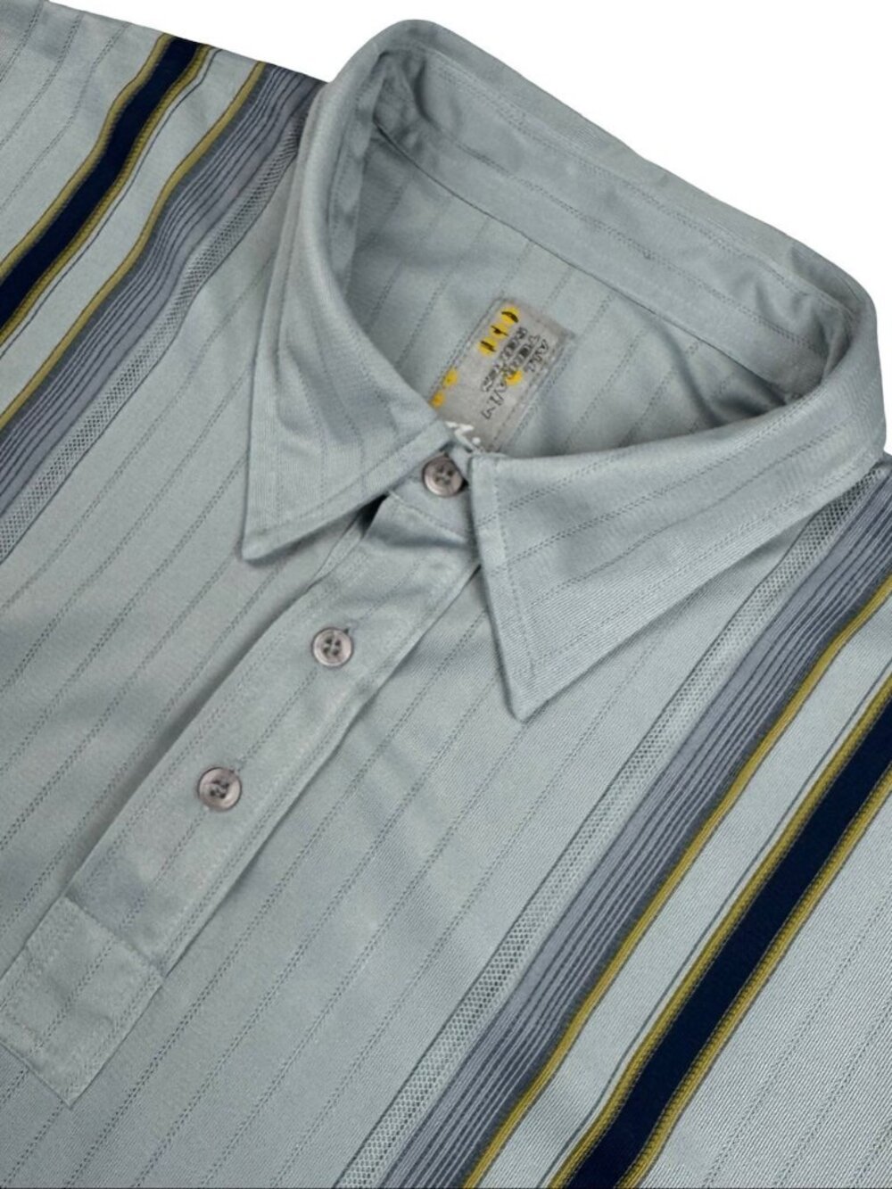 VTG Rusty All Terrain Men's S/S Button Polo Shirt Gray Black Stripe • Medium